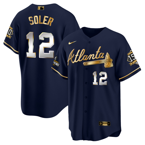 Men's Atlanta Braves #12 Jorge Soler 2021 Navy/Gold World Series Champions With 150th Anniversary Patch Cool Base Stitched Jersey